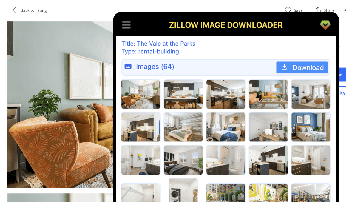 Zillow Image Downloader extension on a Zillow rental-building listing